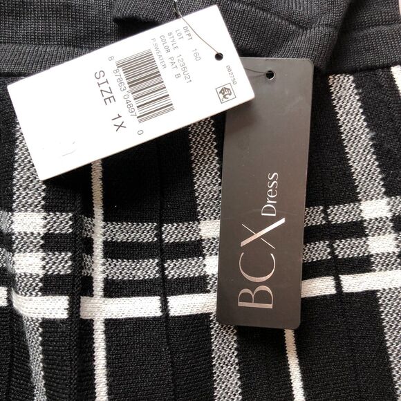 BCX Womens Dress 1X Black Plus Plaid Skirt Fit Flare 3/4 Sleeve Sweater NWT - Picture 8 of 9